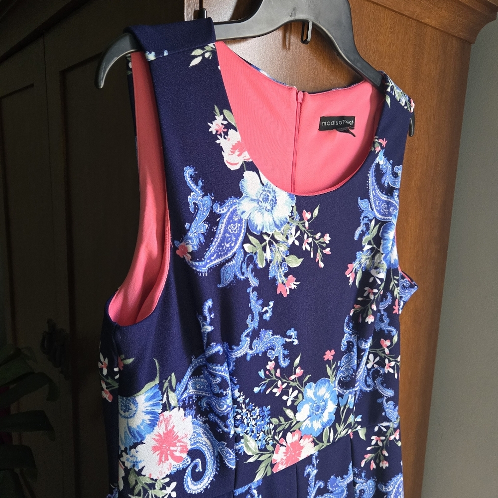 madison leigh Navy Floral Fit-and-Flare Dress with Pink & Teal Stripes - Picture 3 of 6
